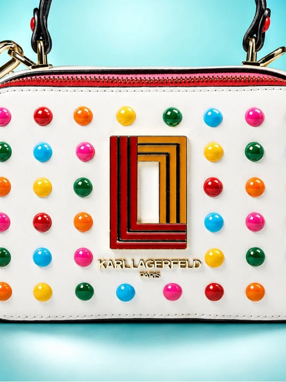 Karl Lagerfeld Paris Simone White Crossbody Camera Bag Multicolor Studs NWT